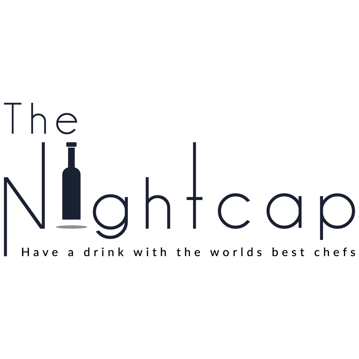 The cover art for The Nightcap. On a white background, the podcast's title is written in black sans-serif text. The "i" in "nightcap" is stylized like a wine bottle. The subtitle reads, "Have a drink with the worlds [sic] best chefs"