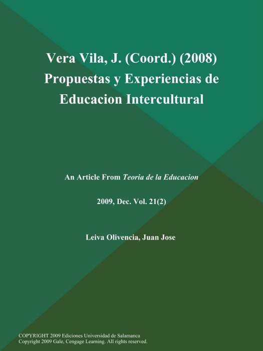 Vera Vila, J (Coord.) (2008) Propuestas y Experiencias de Educacion Intercultural