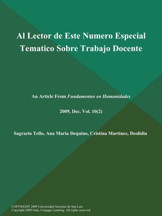 Al Lector de Este Numero Especial Tematico Sobre Trabajo Docente