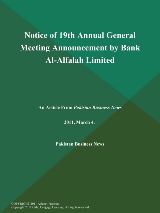Notice of 19th Annual General Meeting Announcement by Bank Al-Alfalah Limited