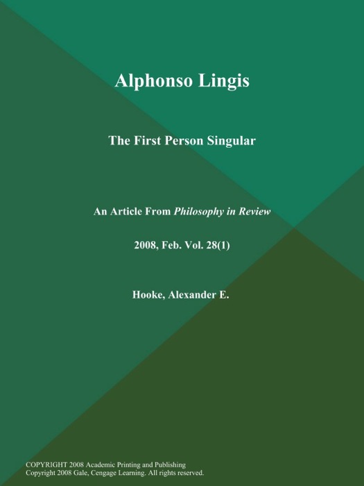 Alphonso Lingis: The First Person Singular