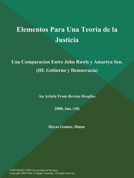 Elementos Para Una Teoria de la Justicia:Una Comparacion Entre John Rawls y Amartya Sen (III. Gobierno y Democracia)