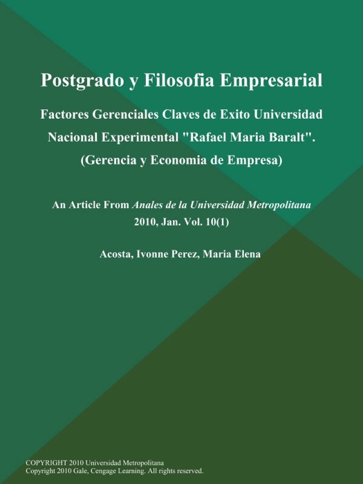 Postgrado y Filosofia Empresarial: Factores Gerenciales Claves de Exito Universidad Nacional Experimental 