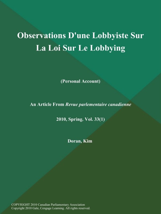 Observations D'une Lobbyiste Sur La Loi Sur Le LobbyingPersonal Account)