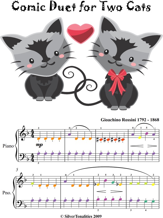 Comic Duet for Two Cats Easy Piano Sheet Music with Colored Notes