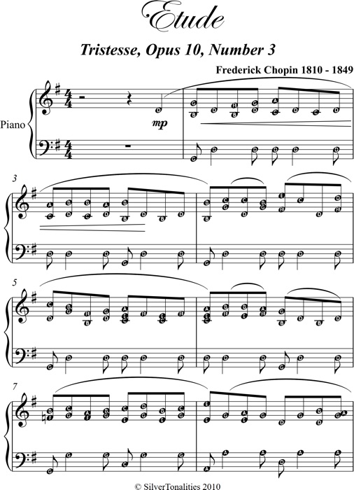 Etude Tristesse Opus 10 Number 3 Easy Intermediate Piano Sheet Music