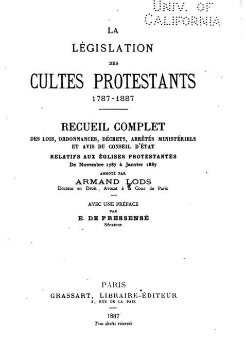La législation des cultes protestants, 1787-1887
