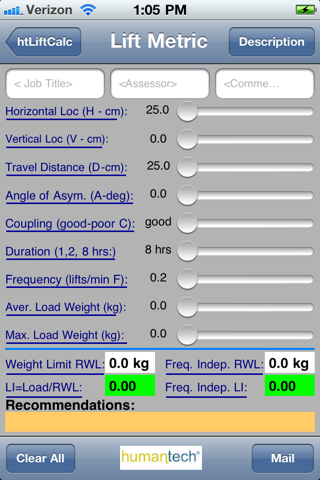 HT NIOSH Lift calculator screenshot 2