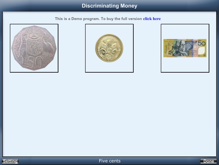 Discriminating Money (with Australian Currency) iPad v 1.0, Demo Version