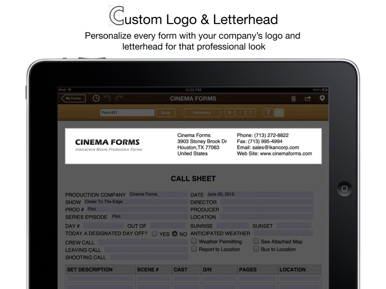 Cinema Forms - Movie Production Forms (Call Sheet, Model Release, Invoices, etc.)