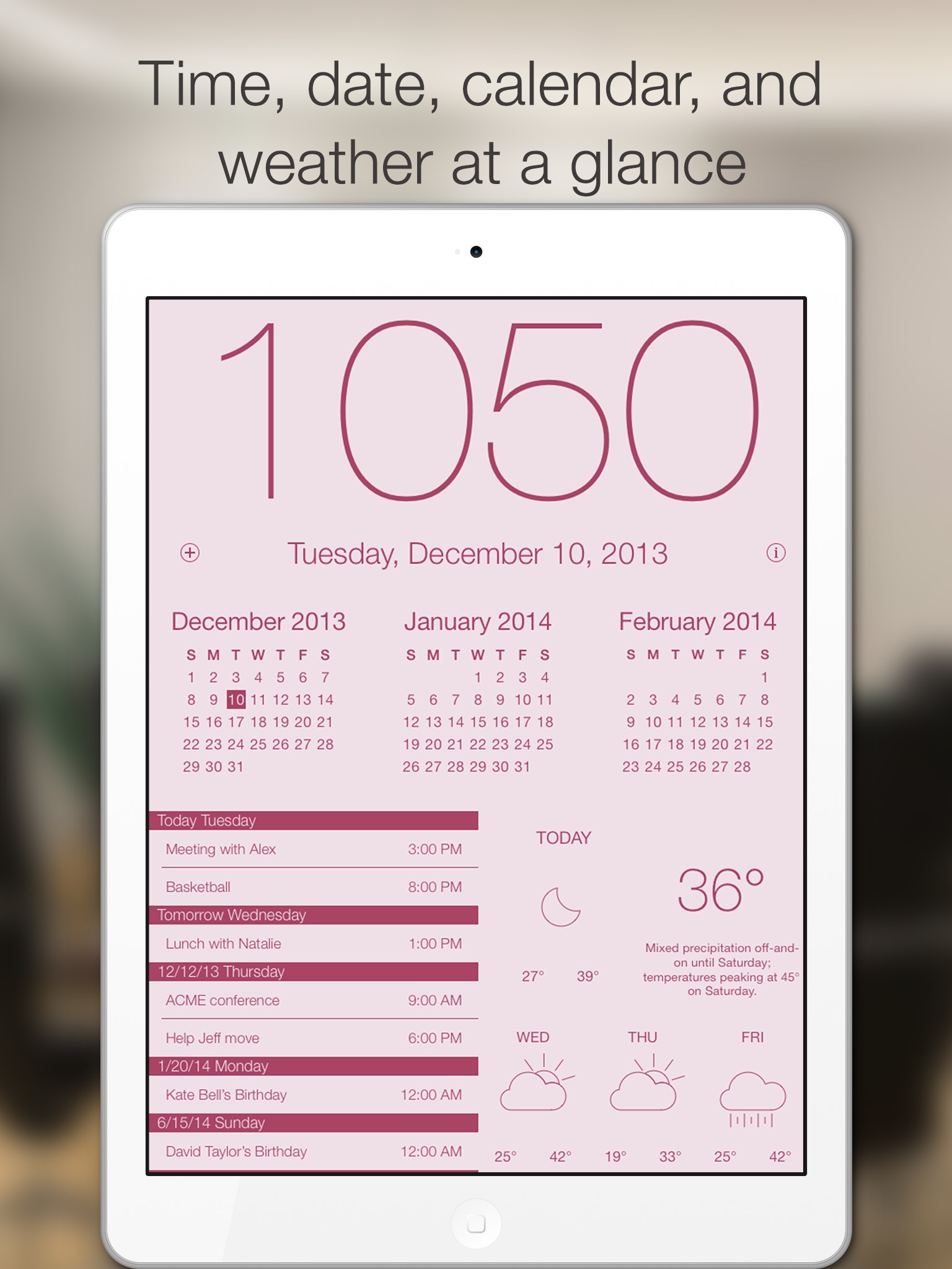 Work Time HD - Elegant desk top clock for iPad with calendar and weather screenshot 3