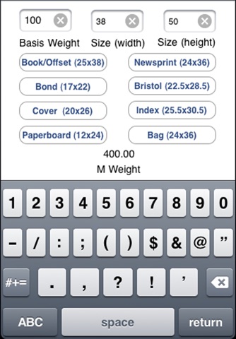 Spicers Basis Weight to M-Weight Paper Calculator screenshot 2
