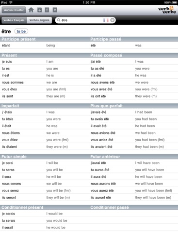 French/English Verb Conjugation - Verb2Verbe Conjugator HD screenshot 2