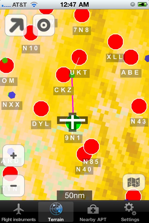 InFlight - attitude, flight instruments, terrain, obstacles and airports on a glass cockpit display with moving map