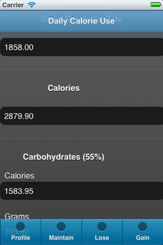 Calory Use - Recommended calories, carbohydrates, proteins and fats intake to loose, maintain or gain weight screenshot 2