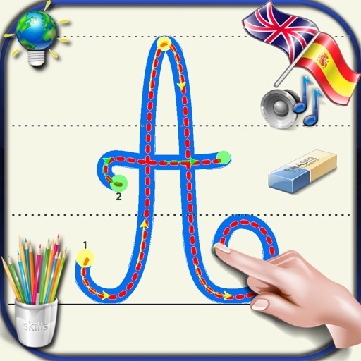 Learn to write cursive letters of the alphabet in upper and lower case with the sounds in English and Spanish - basics for kids