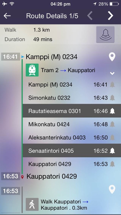 OnTimely-Helsinki, reittiopas, aikataulu ja pysäkit, HSL, kartta reitti, reitin päästöt, reittihaku, journey planner screenshot-3