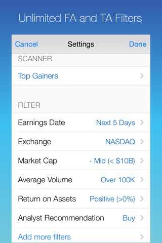 ScreenerPro: Find Your Own Stock Picks by Screening the Market with Customized Fundamental and Technical Patterns and Filters; Research and Monitor Your Pick with Real-Time Quote, Chart Reading, and Price Alert Push Notification; Cloud Sync Supported screenshot 2