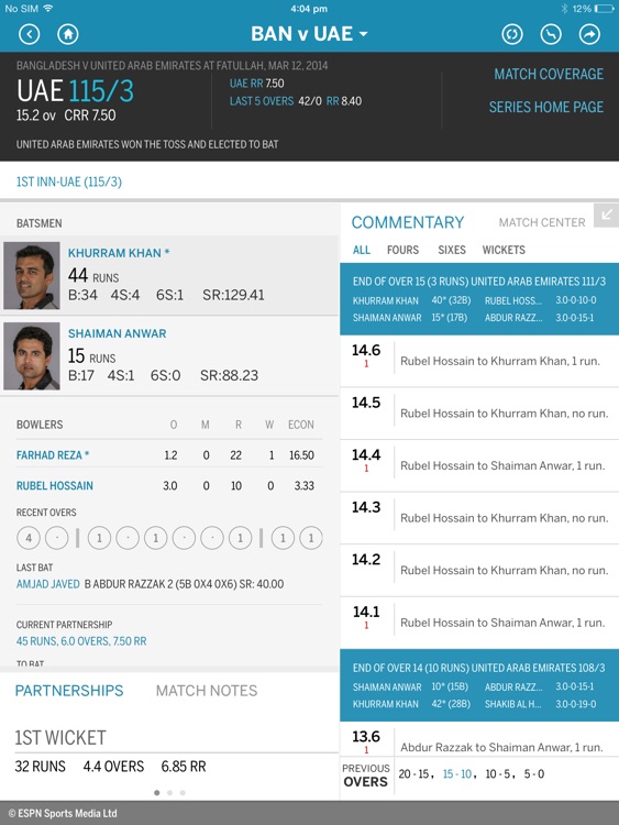 The ESPNcricinfo Cricket App for iPad