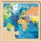 A map jigsaw puzzle game that includes political and physical maps of continents like North America, South America, Oceania, Africa, and Asia