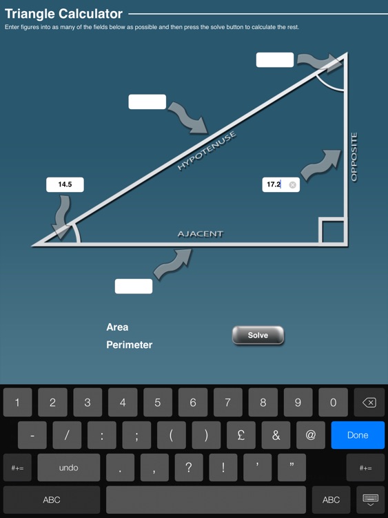 Triangle Calculator for Right Angle Triangles (Trigonometry for iPad)
