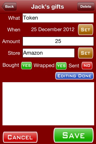 Gifts List - Keep track of lists of presents, what store to buy in, by what date and for which person screenshot 4