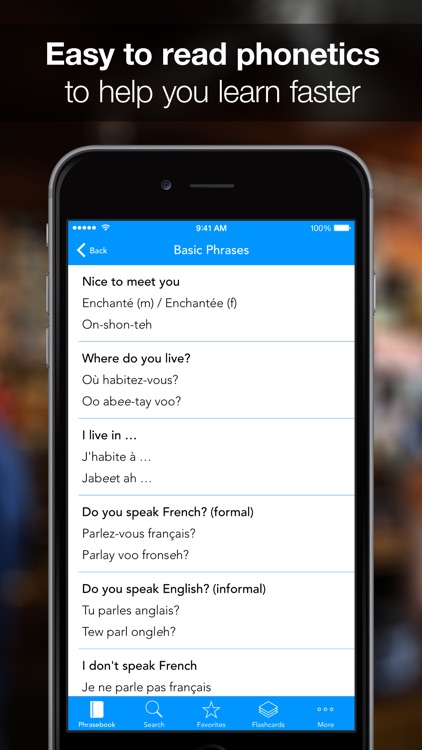 SpeakEasy French ~ Offline Phrasebook and Flashcards with Native Speaker Voice and Phonetics