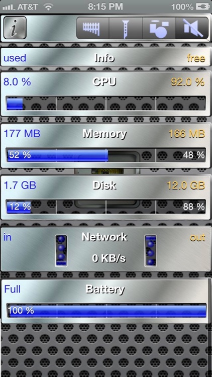 Usage - Memory, CPU, Battery, Network