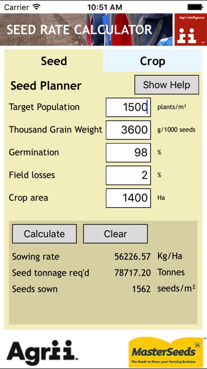 Seed Rate Calculator (phone version)