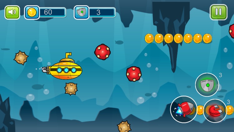 Submarine shooting shark in underwater adventure