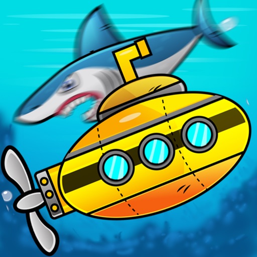 Submarine shooting shark in underwater adventure