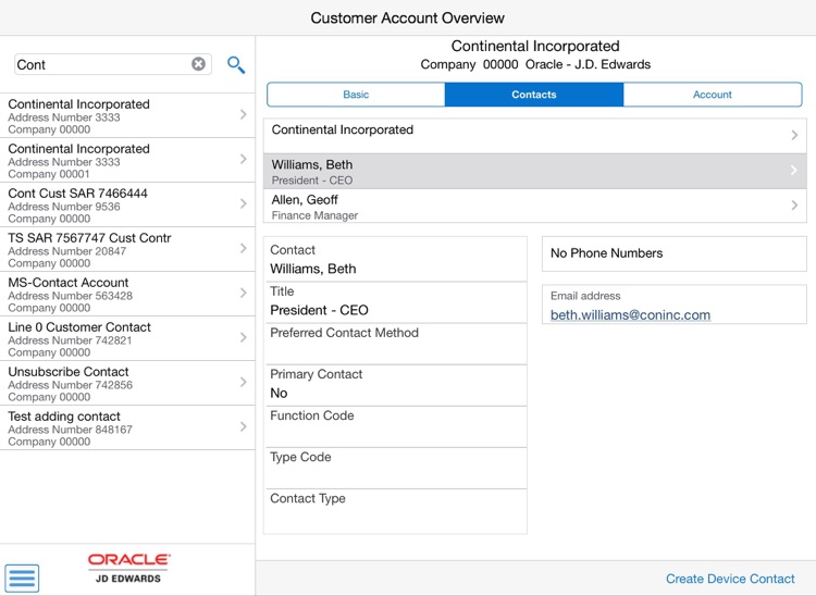 Customer Account Overview Tablet for JDE E1