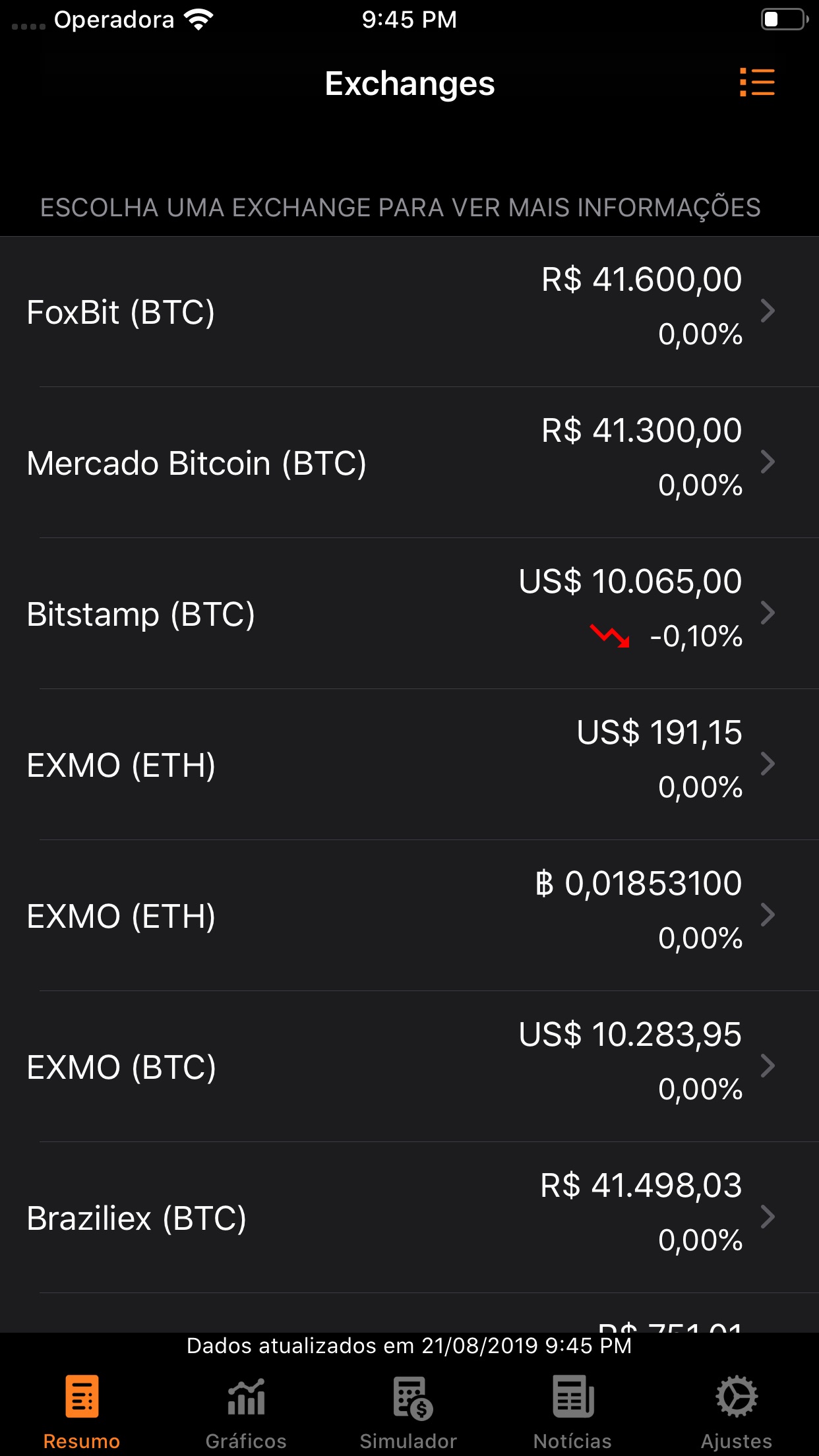 Screenshot do app Bitcoin Sentinel