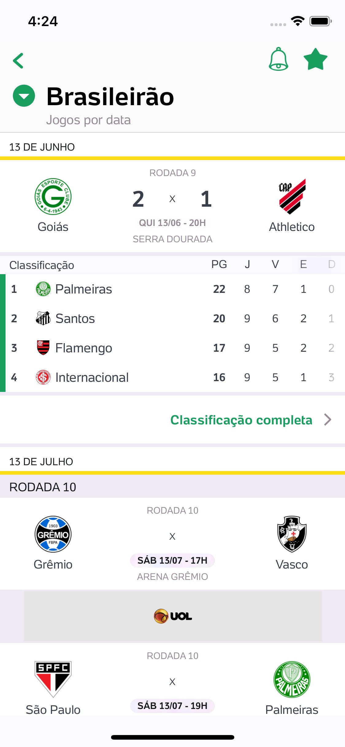 Screenshot do app Placar UOL - Futebol