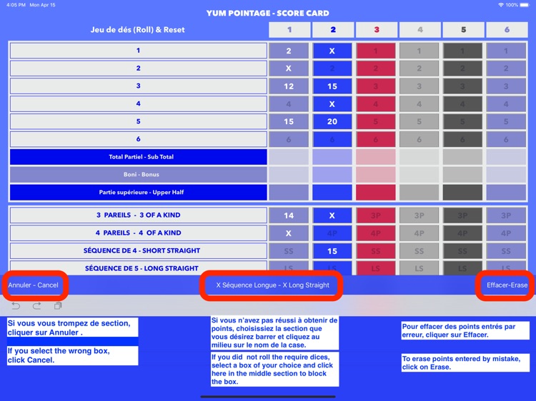 Yum carte pointage -Score card