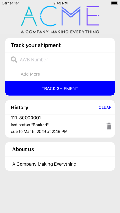 ACME Cargo Track And Trace app screenshots.