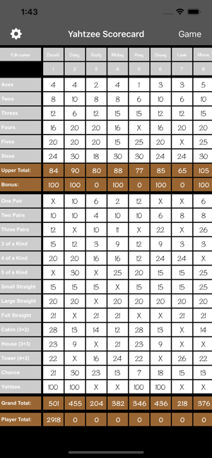 Yatzy Scorecard