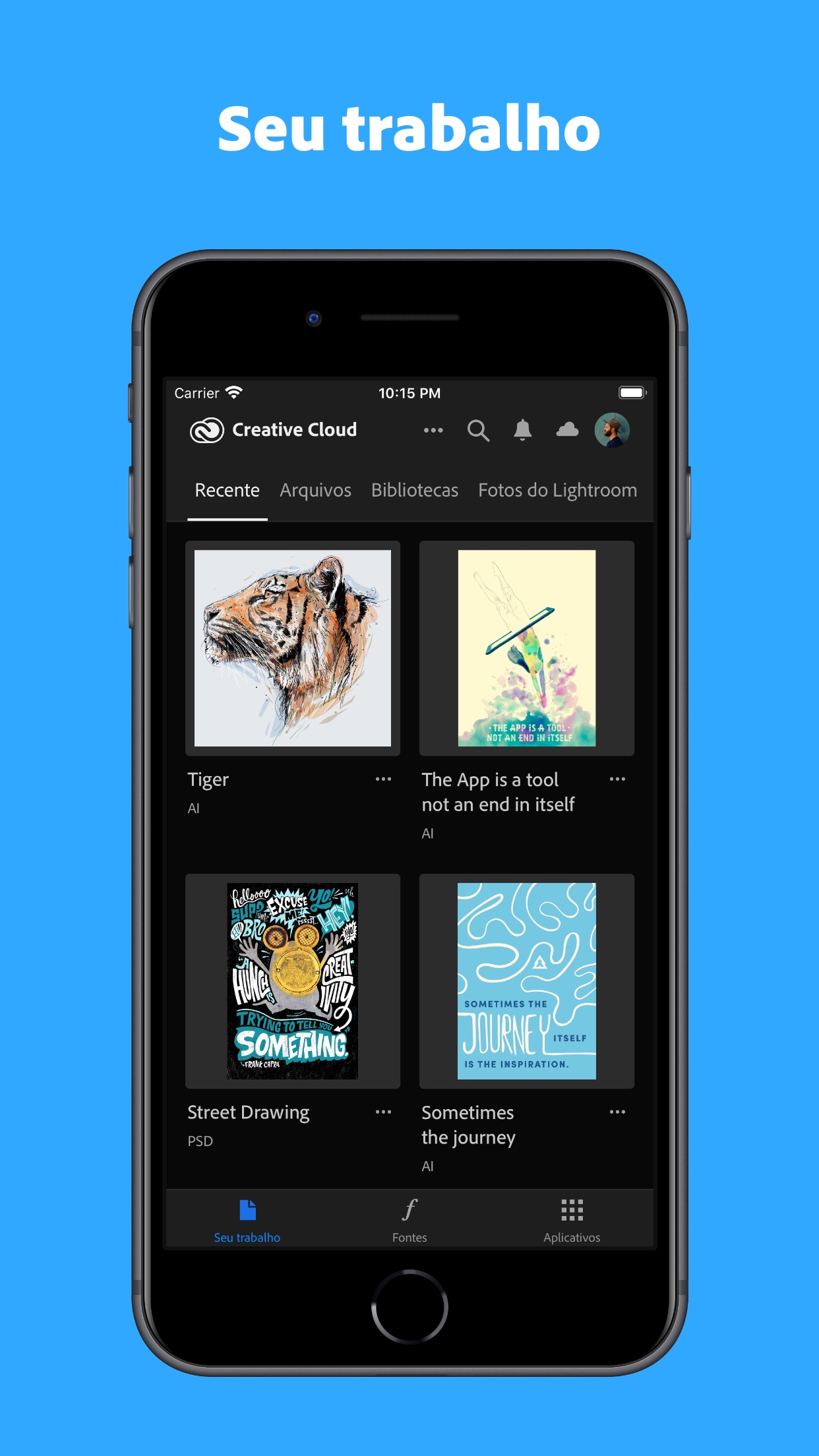 Screenshot do app Adobe Creative Cloud