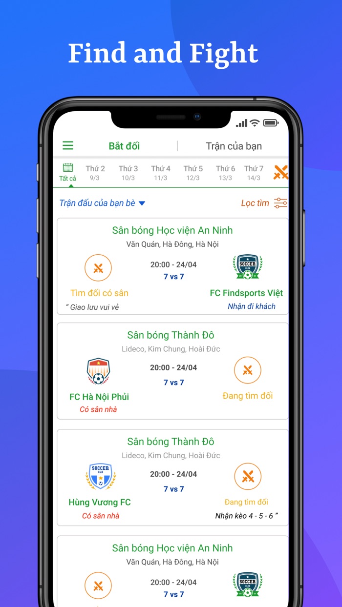 FindSports - Đặt sân, Bắt đối