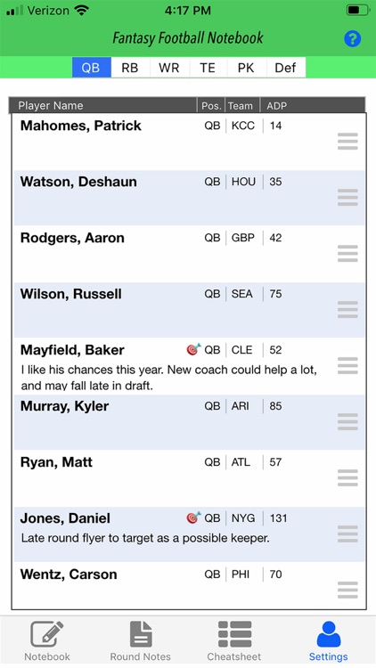 Fantasy Football Notebook 2020