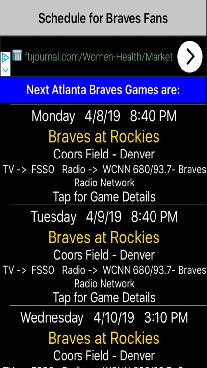 Schedule for Braves fans