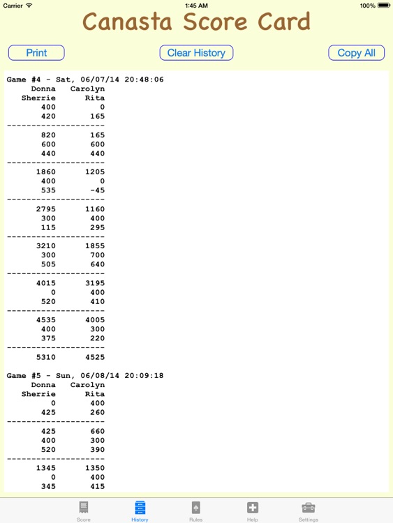 Canasta Score Card