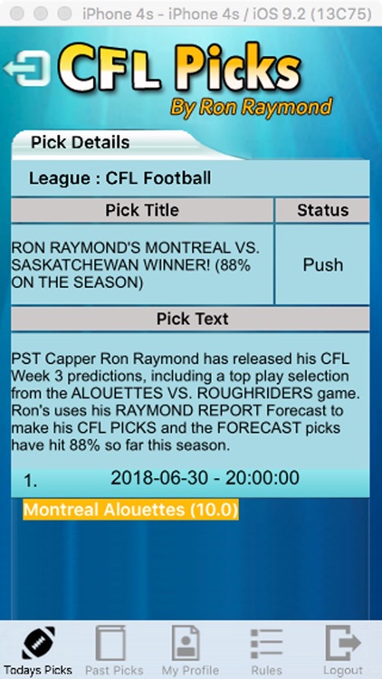 CFL Picks by Ron raymond