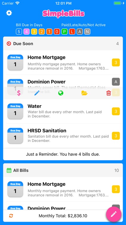 Simple Bill Reminders