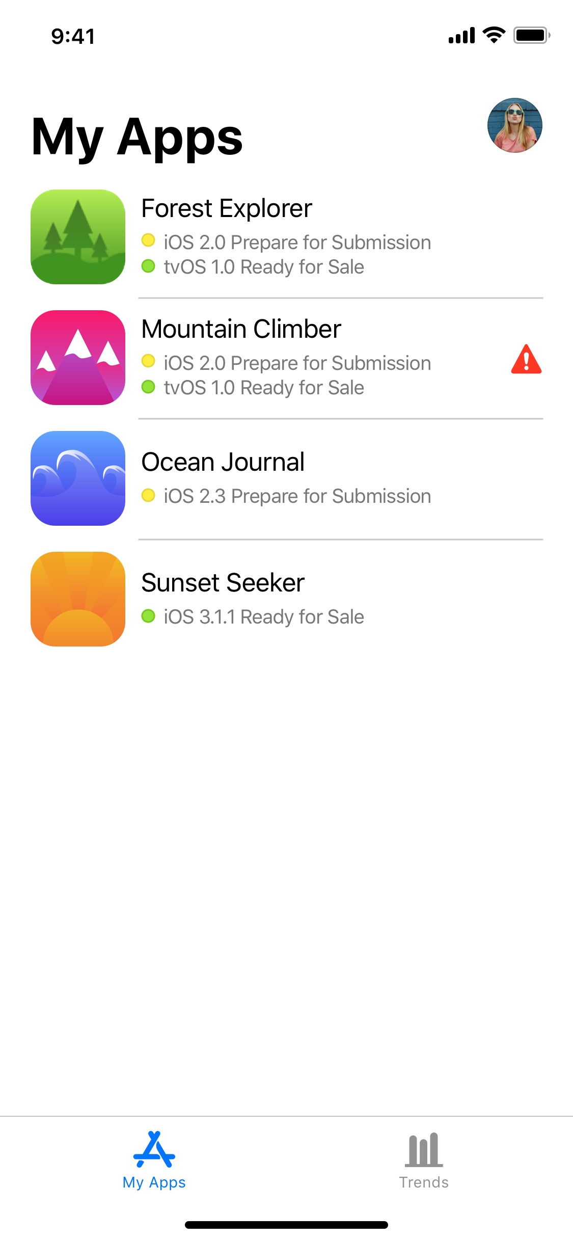 Screenshot do app App Store Connect