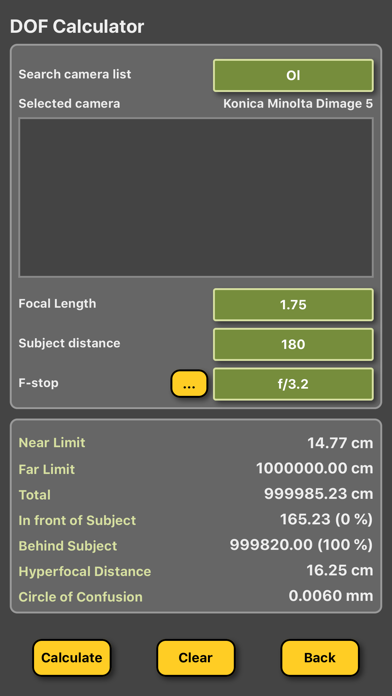 DOF Calculator (Depth of Field) Screenshot 1