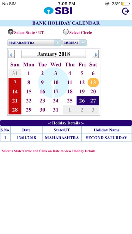 SBI Bank Holiday Calendar