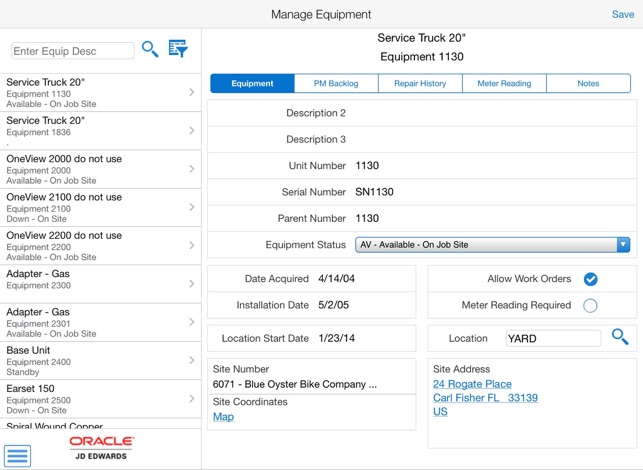 Manage Equipment Tablet for JDE E1