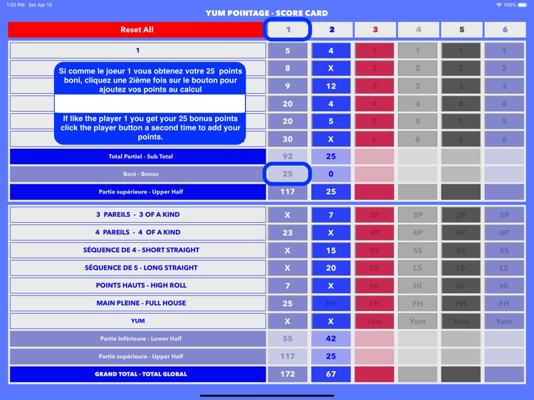 Yum carte pointage -Score card