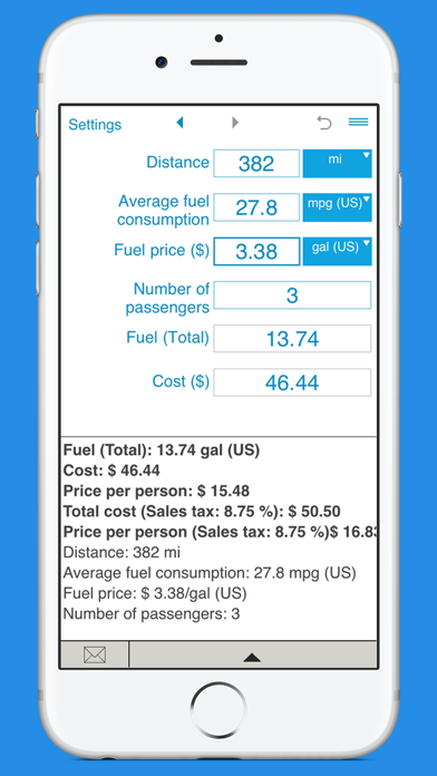 Trip fuel cost calculator screenshot 2